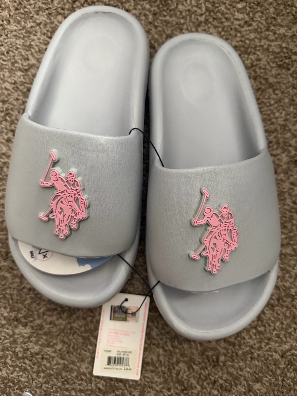 U.S. Polo Assn. Light Gray Slide Sandals with Pink Polo Logo